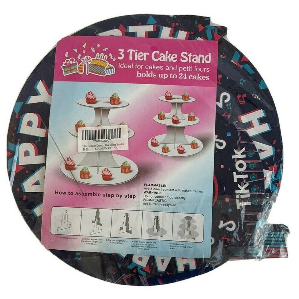 TikTok Happy Birthday 3 Tier Cupcake Stand Party Decoration Holds 24 Cupcakes